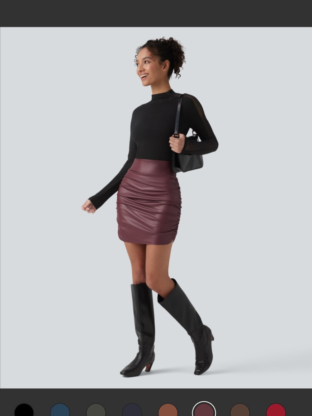 HALARA Burgundy Faux Leather Ruched Mini Skirt